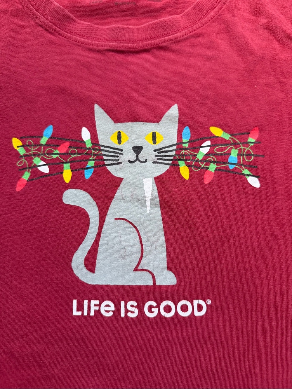 Life is Good Women’s Large Christmas Cat Lights Long Sleeve Shirt Red Holiday